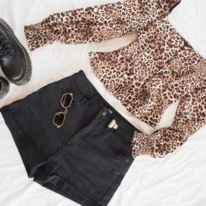 Long Sleeve Leopard Animal Print Button Blouse